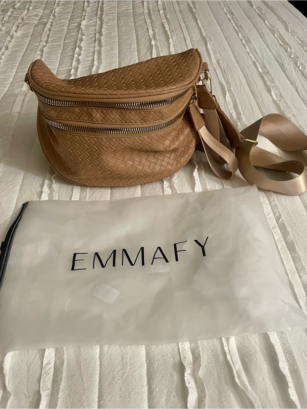 Emmafy Tan Woven Crossbody Belt Bag with Dual Zips